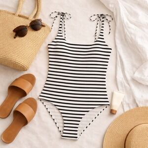 & Other Stories Black White Stripe Ribbed One Piece Swimsuit Tie Straps